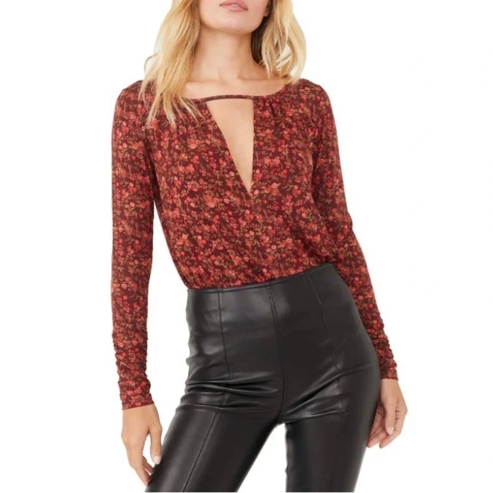NWT Free People Kaya Floral Printed Keyhole Long Sleeve Ruched Bodysuit